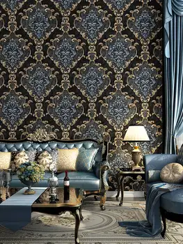 Европейский Домашний Декор Обои Черный Синий Дамасский Декор Фон гостиной Спальни Настенная роспись в металлическом стиле