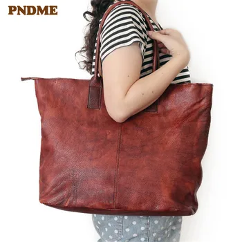 PNDME женская сумка-тоут ручной работы из натуральной кожи в винтажном стиле, мягкая сумка из воловьей кожи, женская сумка для покупок большой емкости