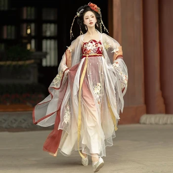 Женское Повседневное китайское традиционное платье Hanfu 2023, Красное Платье в стиле Династии Тан, улучшающее длину талии, С длинным рукавом, Платья, костюм