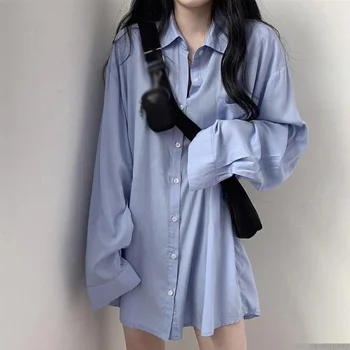 Свободные Рубашки для женщин с длинным рукавом, Винтажная однотонная блузка с воротником-лацканом, Офисная блузка, Длинные корейские топы