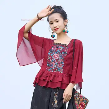 2023 китайская винтажная блузка с национальной цветочной вышивкой, жаккардовая лоскутная блузка с сетчатым рукавом, традиционная восточная народная блузка