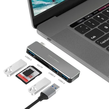 USB C КОНЦЕНТРАТОР Type C Thunderbolt 3 Док-станция 5 в 1 USB-C Адаптер-ключ Комбинированный с портами USB 3.0 Слот для карт памяти Micro SD Для MacBook Pro