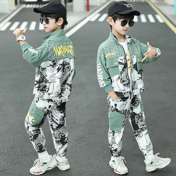 Костюм для мальчиков, Пальто + Брюки, хлопок, 2 шт./компл., коллекция 2022 года, Демисезонный Утепленный детский спортивный костюм для бега для подростков, Детская одежда