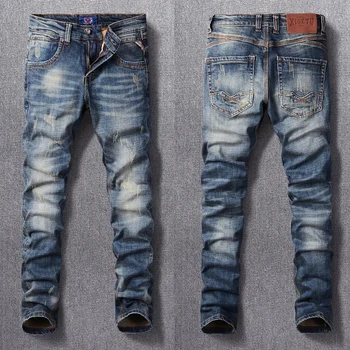 Модные Мужские джинсы в Итальянском стиле, ретро-Синие Облегающие Рваные джинсы, Мужские брюки-стрейч, Винтажные Дизайнерские Повседневные джинсовые брюки Hombre