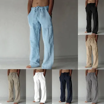 2023 новые мужские хлопчатобумажные льняные брюки, Летние однотонные дышащие льняные брюки, Мужские Повседневные брюки для фитнеса с эластичной резинкой на талии