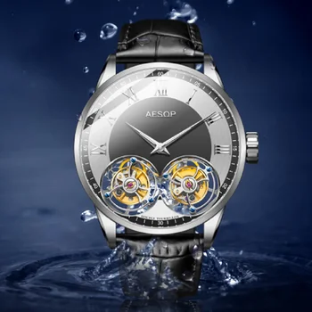 AESOP Новые мужские водонепроницаемые механические часы с двойным летающим Турбийоном, мужские вращающиеся часы со скелетом Для мужчин, Роскошные наручные часы