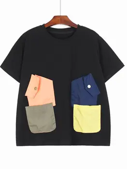 женская лоскутная цветная Свободная футболка с неправильными карманами и коротким рукавом, летняя новая индивидуальность, повседневная футболка, уличная одежда, топ Tide