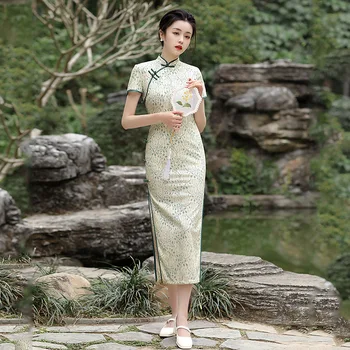 Женское новинка, Зеленое кружевное Длинное Ципао, классическое китайское традиционное вечернее платье, Сексуальное тонкое платье с высоким разрезом, Cheongsam Vestidos