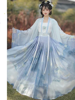 Китайские традиционные костюмы династии Сун Ханфу для женщин с весенним принтом журавля, простые элегантные светло-голубые зеленые платья, 3 шт. комплектов