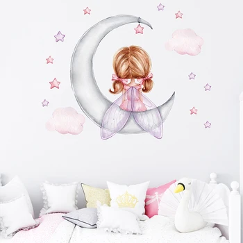 Акварельная маленькая девочка-фея, принцесса на Луне, звезды, наклейки на стену для комнаты девочек, наклейки на стены, домашняя декоративная наклейка, спальня
