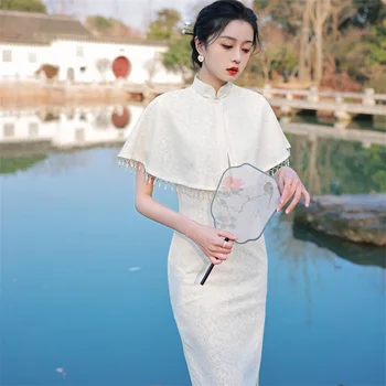 2023 Весенний Плащ-шаль в китайском стиле, Комплект из двух предметов, Чонсам средней длины, Ретро Элегантное Улучшенное Вечернее платье Ципао для Женщин