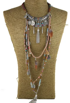 Цыганское Эффектное Винтажное длинное ожерелье, этнические украшения, ожерелье в стиле бохо, племенной воротник, Тибетские украшения