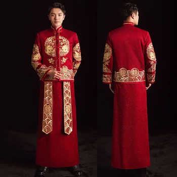 Винтажная мужская вышивка с красным драконом, Ципао, Китайское традиционное свадебное платье для Жениха, Мужской костюм для брака Тан, одежда