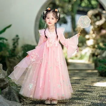 Платье принцессы с розовыми блестками, расшитое бисером, Весенний костюм для девочек Hanfu, Платье с аппликацией Феи, Одежда в китайском стиле
