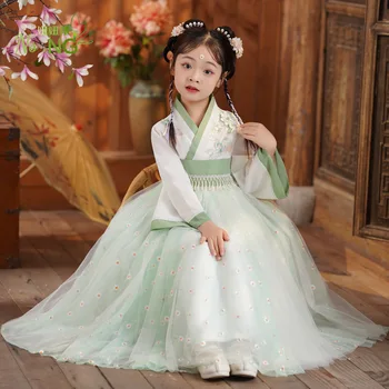Древний костюм для девочек, Супер-сказочная зеленая юбка Принцессы, китайское платье Hanfu, детский летний костюм в национальном стиле Тан