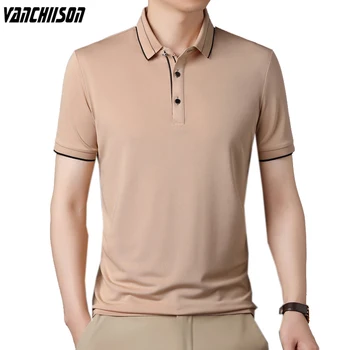 Мужская рубашка поло из 100% полиэстера, топы с коротким рукавом, летняя деловая элегантная повседневная однотонная мужская модная одежда цвета Хаки 7529
