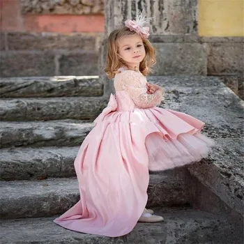 Милые розовые платья с цветочным узором для девочек, Длинные рукава, Кружевное платье с бантом для Первого причастия, тюлевое бальное платье для принцессы на день рождения