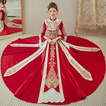 Женская одежда для тостов с вышивкой, Свадебное платье Чонсам в китайском стиле, банкетное платье с пайетками и бисером