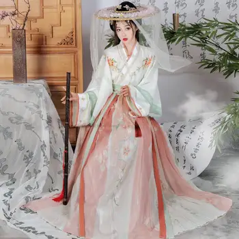 Китайское традиционное платье Hanfu, комплект вышитых платьев для девочек, Весна-Лето, женская китайская традиционная одежда для Косплея на Хэллоуин, Hanfu