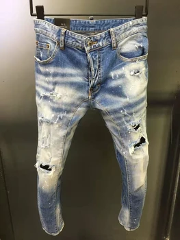 Мужские рваные джинсы Ink Jet Do с дырками, старые поцарапанные модные брюки-карандаш, джинсы Wreck cave denim, джинсы A220#
