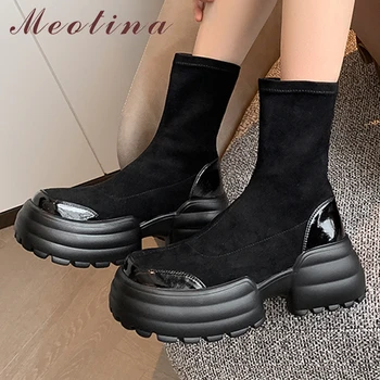 Meotina, женские ботильоны, эластичные ботинки на платформе с круглым носком, короткие ботинки на блочном высоком каблуке, женская модная повседневная обувь, Осень-зима, черный
