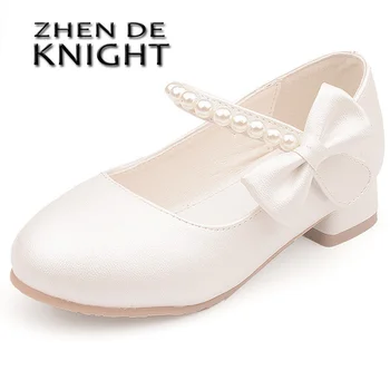 Весенняя детская кожаная обувь с белым бантом для девочек, Туфли Принцессы на высоком каблуке, Модные простые подиумные туфли с жемчугом, Размер 26-38