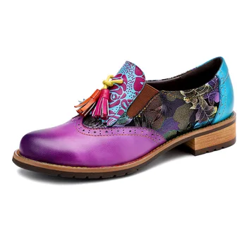 Винтажные Туфли-лодочки из натуральной кожи на массивном каблуке 3-5 см с Цветочным Рисунком, на Высоком квадратном каблуке, Без Застежки, с кисточками, Женская обувь, zapatos para mujer