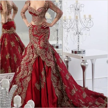 2015 Длинные вечерние платья-двойки в арабском бордовом цвете красного вина с золотой кружевной аппликацией V-образный вырез Vestidos Русалка на заказ