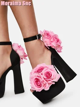 Дизайнерские Атласные Босоножки с розовым декором на платформе и массивном каблуке, Женские свадебные туфли с ремешком и пряжкой на щиколотке, Летние черные однотонные модные