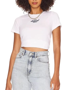 Супер шикарная хлопковая женская футболка с графическим рисунком и V-образным вырезом, короткий тонкий эластичный удобный топ для женщин, белые футболки