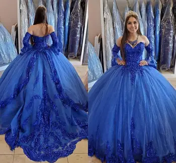 Королевские синие пышные платья принцессы 2024, аппликация из пайеток, расшитый бисером корсет на шнуровке Сзади, платье Sweet 16 для выпускного вечера