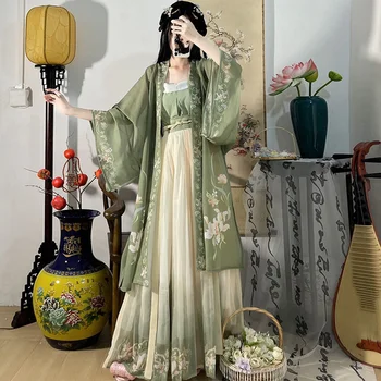 Китайский Комплект одежды Hanfu, Чайно-зеленое Струящееся платье Макси, Древнее Китайское женское платье с вышивкой, костюм для Съемок на Выпускной