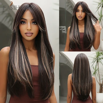 EASIHAIR Длинные прямые светлые парики коричневого цвета с челкой для чернокожих женщин, для ежедневных вечеринок, из натурального термостойкого волокна