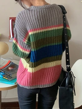Женская полосатая трикотажная толстовка Оверсайз Nvzhuang - Стильный пуловер с круглым вырезом и длинным рукавом для повседневной и уличной моды