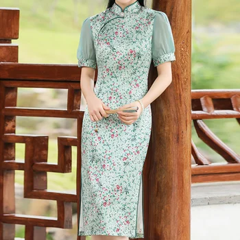 Женское платье в китайском стиле, зеленый Ципао с пышными рукавами и воротником-стойкой, Vestidos, Шелковое Тонкое Вечернее платье с принтом