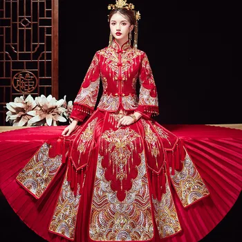 Одежда для тостов в китайском стиле с воротником-стойкой Cheongsam Свадебное платье Невесты в стиле ретро с красной вышивкой Qipao