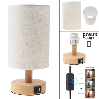 Ночник с регулируемой яркостью Прикроватная лампа 12 Вт Светодиодные деревянные настольные лампы с USB-портами для зарядки для спальни, кабинета, гостиной