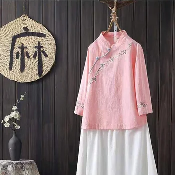 Китайская женская блузка в стиле ретро, традиционная винтажная рубашка с косой, Летние хлопковые женские топы в восточном стиле, воротник-стойка, Чонсам