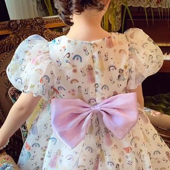 Платье для девочек, Лето 2023, Новая модная детская шифоновая юбка с фрагментами, платье Принцессы с пузырчатыми рукавами для маленькой девочки