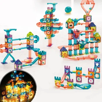 Детский Магнитный строительный блок с подсветкой, Дизайнерские магнитные блоки, труба, гоночный трек, Шариковые блоки, Развивающая игрушка для детских подарков
