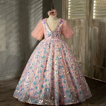 Новое детское платье принцессы для девочек, расшитое блестками, с начесом из марли, платье принцессы для фортепианного представления