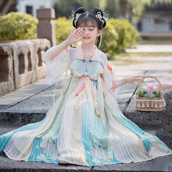 Летнее цельнокроеное платье с коротким рукавом для девочек в Восточном китайском стиле, улучшенный традиционный костюм принцессы Тан Ханьфу