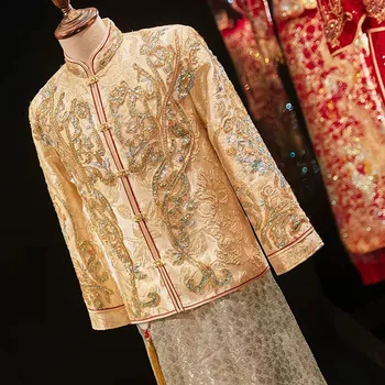 Древний Тост Одежда В Китайском Стиле Мужчины Шампанское Ципао Свадебное платье Костюм Тан