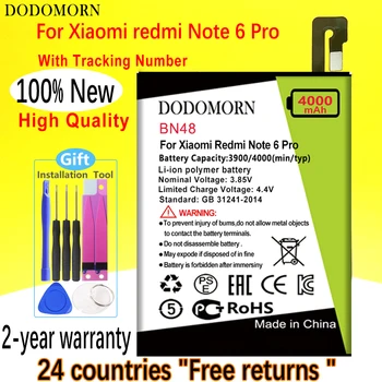 Аккумулятор DODOMORN BN48 для телефона Xiaomi Redmi Note 6 Pro высокого качества + номер для отслеживания