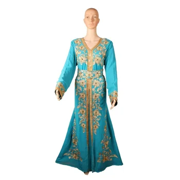 Кафтан Бирюзовый Дубайский халат с длинным рукавом и V-образным вырезом, Модная марокканская курта с вышивкой