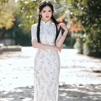Летнее классическое элегантное женское шифоновое Ципао с вышивкой, улучшенное китайское повседневное платье Чонсам с развевающимся рукавом