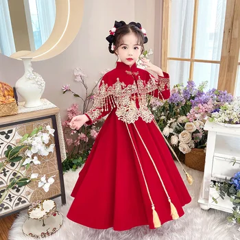 Зимнее Новое платье Hanfu Qipao с вышивкой для девочек 2022, Красная Китайская Новогодняя одежда, Детское Праздничное Свадебное платье с цветочным узором для девочек