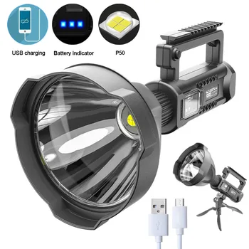 Портативный Мощный светодиодный фонарик XHP50 Torch USB Перезаряжаемый прожектор Водонепроницаемый прожектор с базовым фонарем для рыбалки