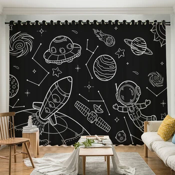 Шторы на окно детской спальни, черно-белые Космические звезды, космический корабль астронавта, Декор гостиной, Шторы для спальни на заказ