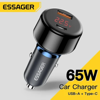 Essager USB зарядное устройство 65 Вт Автомобильное зарядное устройство Быстрая зарядка QC3.0 4,0 USB C зарядное устройство для ноутбука iPhone 14 13 с цифровым дисплеем Быстрое зарядное устройство
